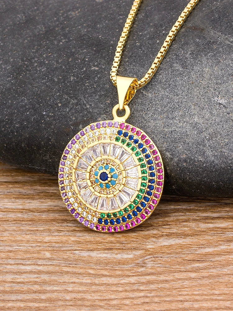Nidin, nuevo diseño, colgante redondo de mal de ojo turco, joyería de la suerte de circón para niñas a la moda, collar colorido, los mejores regalos de fiesta de cumpleaños