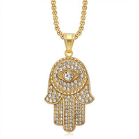 Collar con Colgante de Mano de Fátima Hamsa de Acero Inoxidable con Circonitas y Ojo Turco, Estilo Hip Hop Iced Out Bling, para Mujer y Hombre, Regalo de Joyería