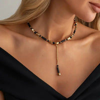 Collar con colgante de cuentas de piedra ojo de tigre de estilo vintage, para mujer, de inspiración bohemia, con diseño irregular en forma de Y y borlas, ideal como accesorio de joyería para fiestas.