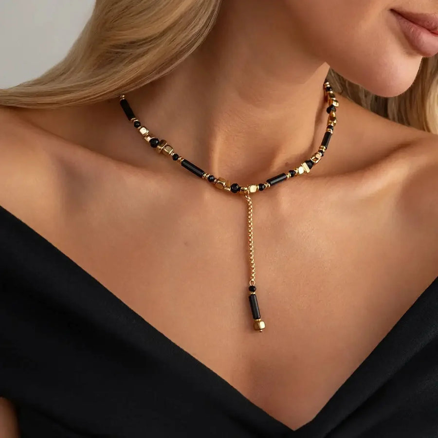 Collar con colgante de cuentas de piedra ojo de tigre de estilo vintage, para mujer, de inspiración bohemia, con diseño irregular en forma de Y y borlas, ideal como accesorio de joyería para fiestas.