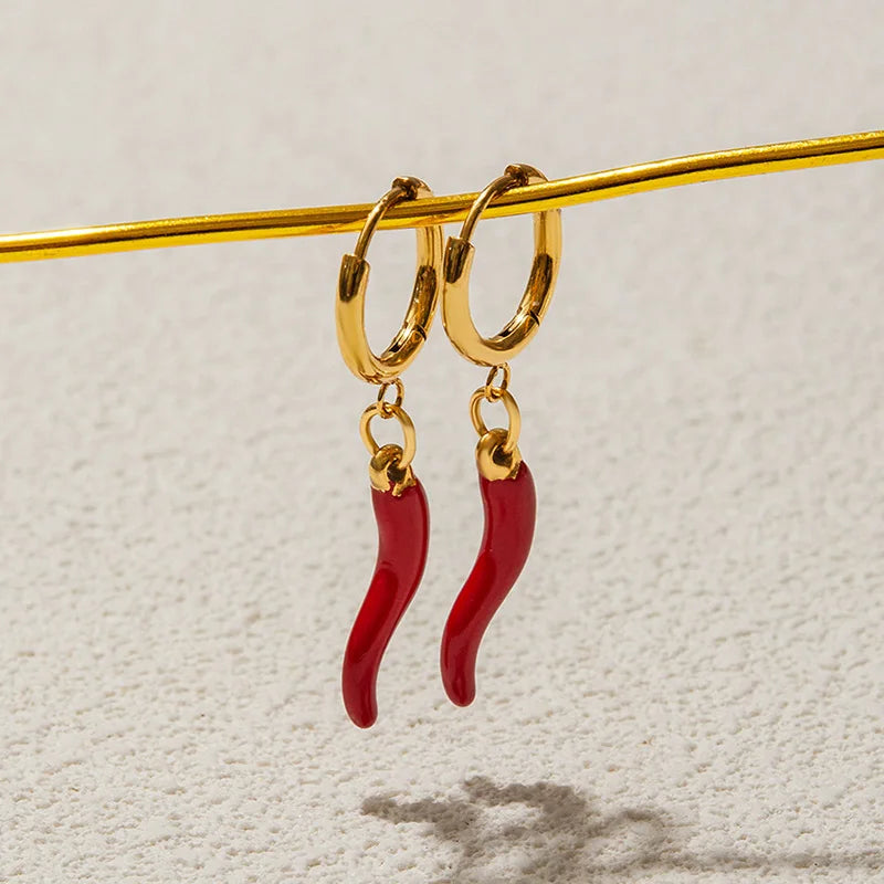 Pendientes de Aro con Colgante de Pimiento Rojo Retorcido de Acero Inoxidable Esmaltado para Mujer, Joyería de Moda con Diseño de Planta, Accesorios Impermeables