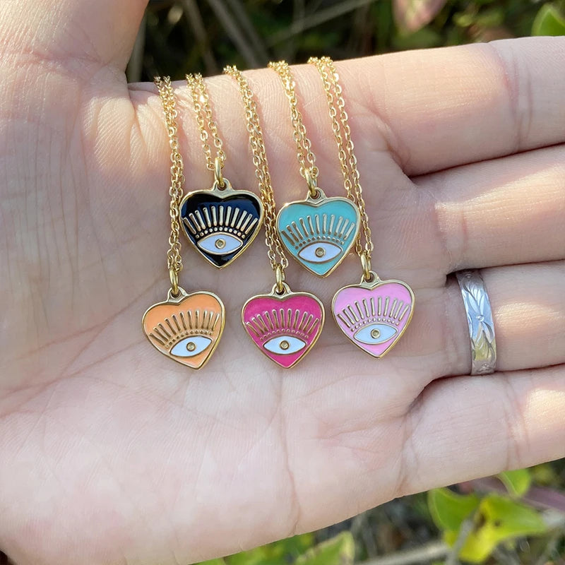 Collar de acero inoxidable con forma de corazón y mal de ojo para mujer, joyería de moda, chapado en oro, estilo bohemio
