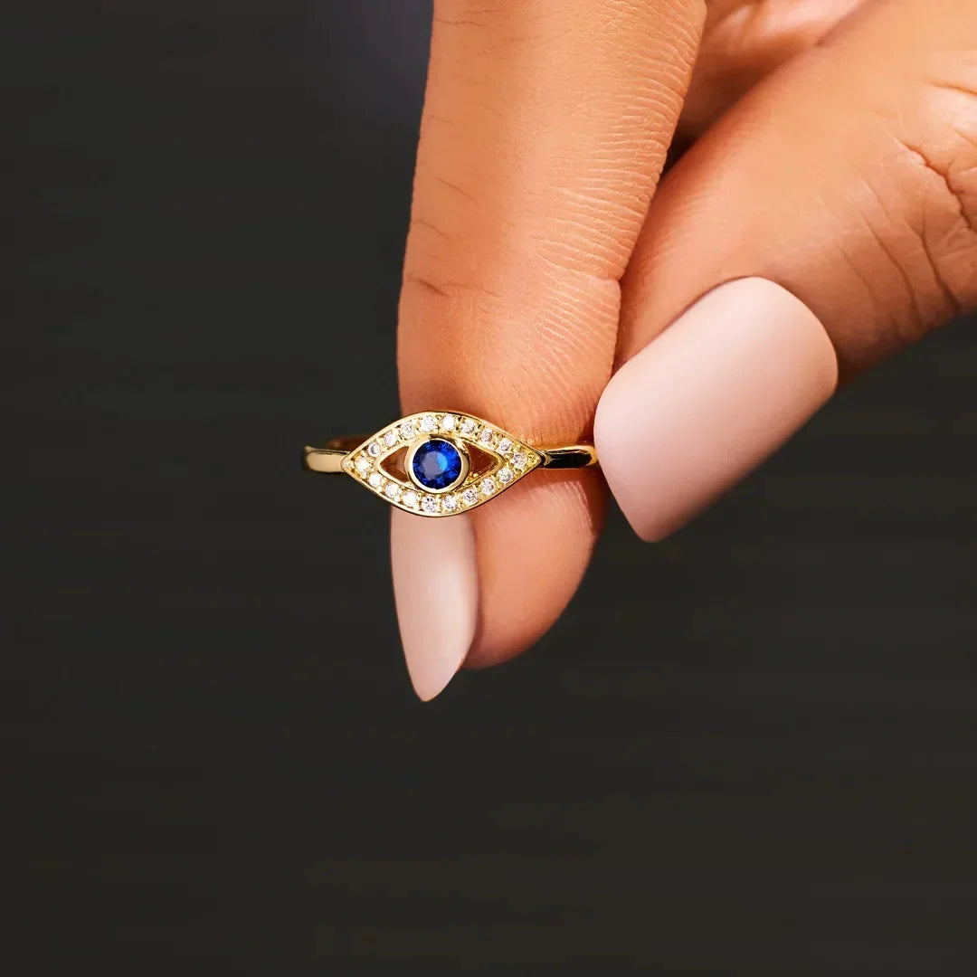 Anillo Ojo Turco Azul Oro 14K