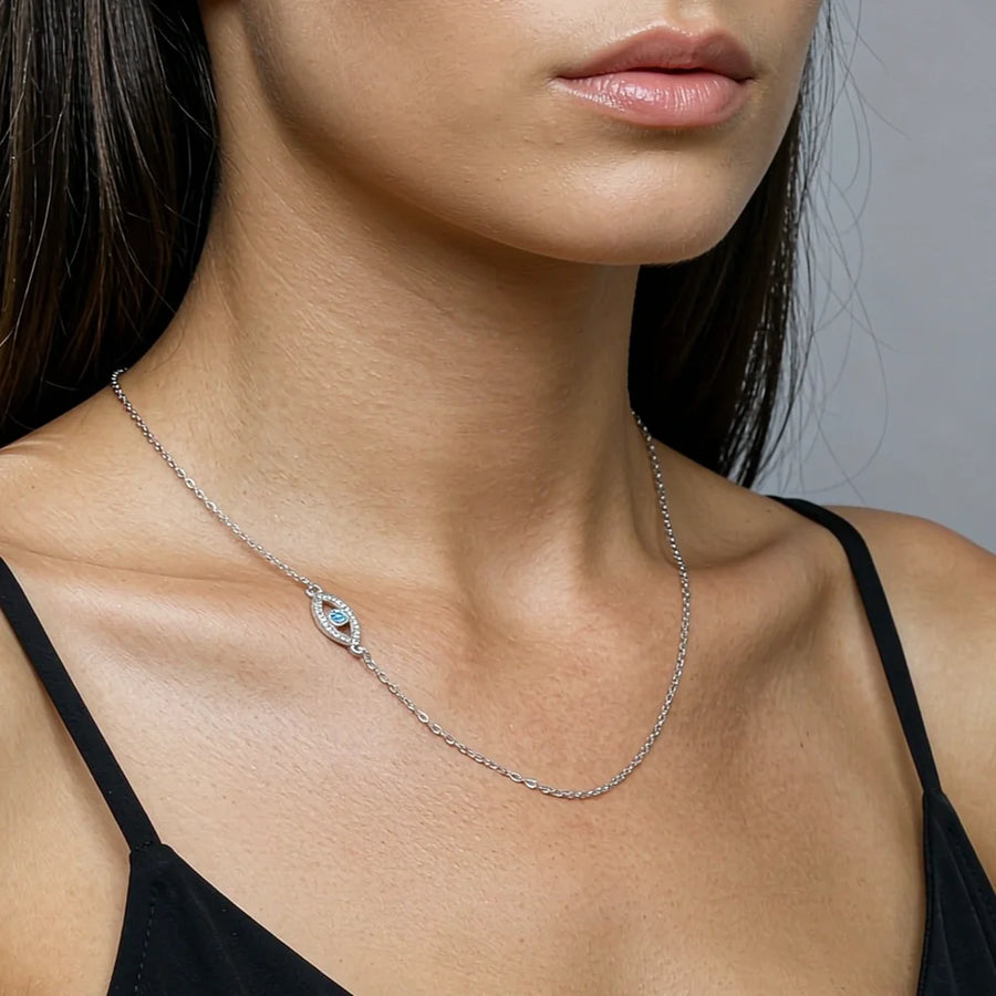 Collar con colgante de ojo turco delicado de Skyrim para mujer, de acero inoxidable, color dorado, con piedra de circonita cúbica azul, collar con ojo de marquesa, joyería amuleto.