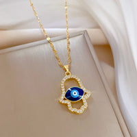 Collar de mujer con circonita cúbica, ojo de demonio turco azul, mano de Hamasa, mano de Fátima de acero inoxidable, joyería