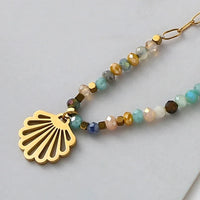 Collar con colgante de ojos malvados de cruz de piedra Natural hecho a mano Bohemia para mujer, cuentas de arroz de acero inoxidable, collar de clavícula