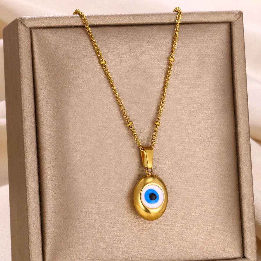 Collar con colgante de ojo de diablo para mujeres y hombres, collares de ojos azules, cadena de cuentas, Gargantilla de acero inoxidable de Color dorado, joyería, regalo BFF