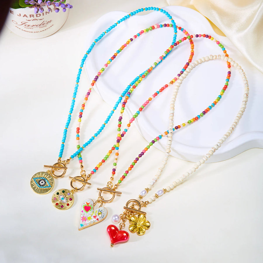Collar con Cuentas de Piedra Natural Coloridas y Delicadas, con Cierre OT, para Mujer, Diseño Único de Corazón, Flor, Ojo Turco, Cadena de Circonio, Joyería para Fiesta, Regalo