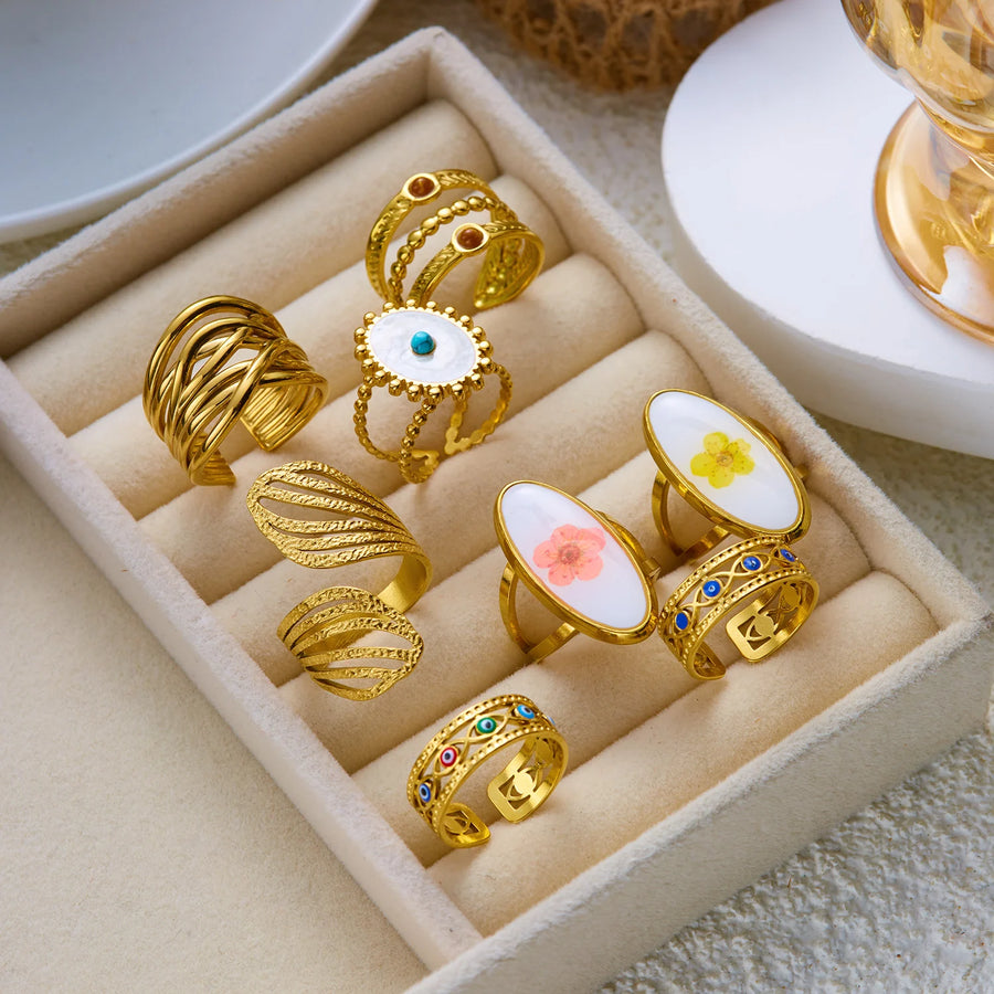 Anillo Ojo Turco Flores y Hojas Apilable