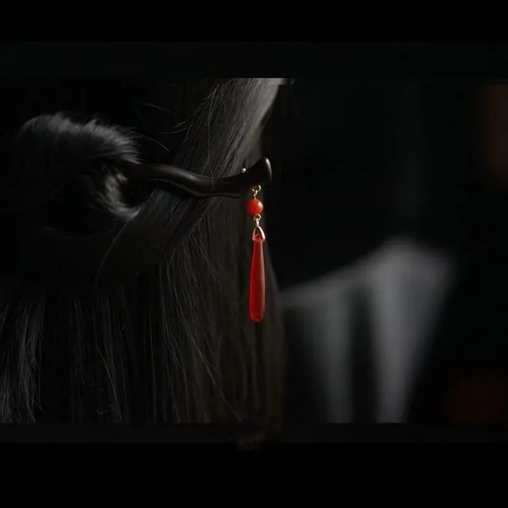 Palillo de pelo negro de madera tradicional estilo chino Hanfu Luna borla pinzas para el pelo palillos Vintage sombreros para mujer joyería