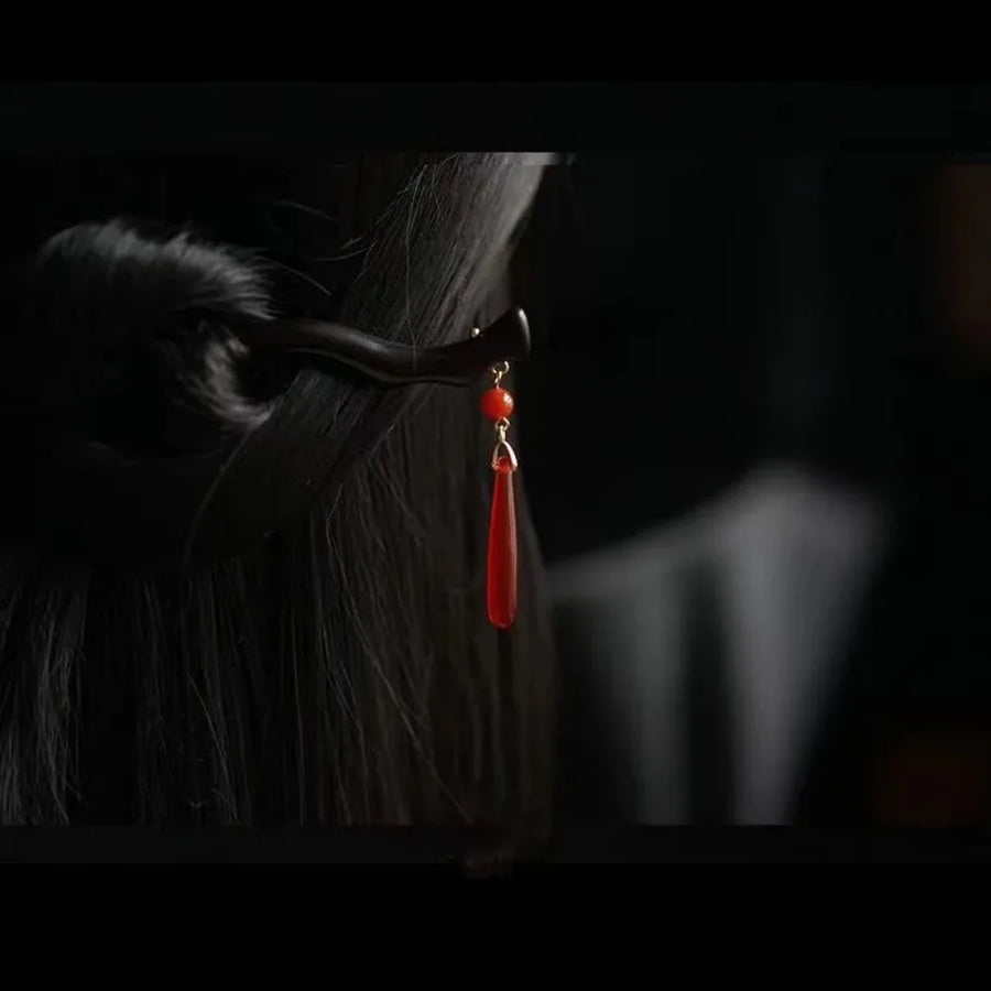 Palillo de pelo negro de madera tradicional estilo chino Hanfu Luna borla pinzas para el pelo palillos Vintage sombreros para mujer joyería
