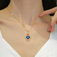 Collar de mujer con circonita cúbica, ojo de demonio turco azul, mano de Hamasa, mano de Fátima de acero inoxidable, joyería
