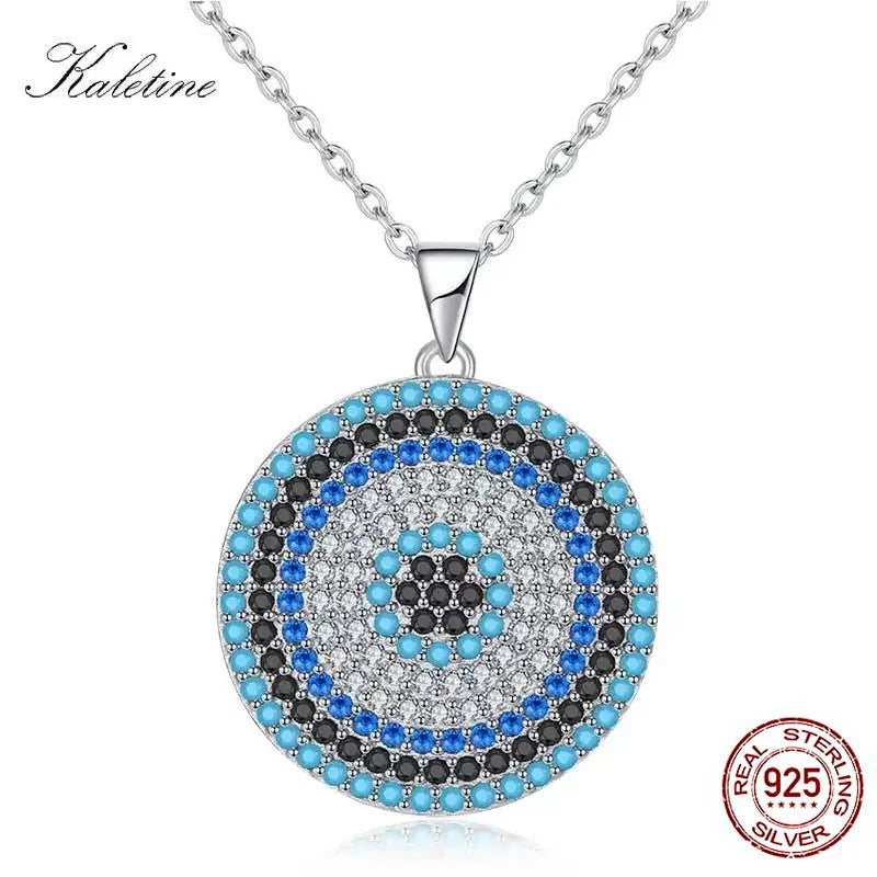 KALETINE Collares de Plata de Ley 925, Colgante Redondo con Ojo Turco y Gran Piedra Azul, Collar para Mujer, Joyería Personalizada para Hombre