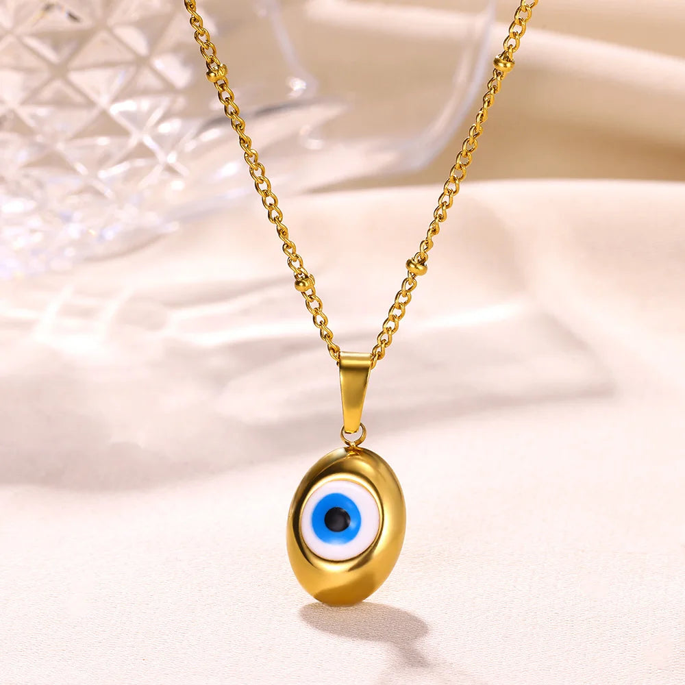 Collar con colgante de ojo de diablo para mujeres y hombres, collares de ojos azules, cadena de cuentas, Gargantilla de acero inoxidable de Color dorado, joyería, regalo BFF