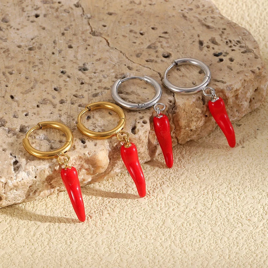 Pendientes de Acero Inoxidable con Baño de Oro de 18K en Forma de Pimiento Rojo, Modernos y con Personalidad, para Mujer, Estilo Geométrico para el Día a Día