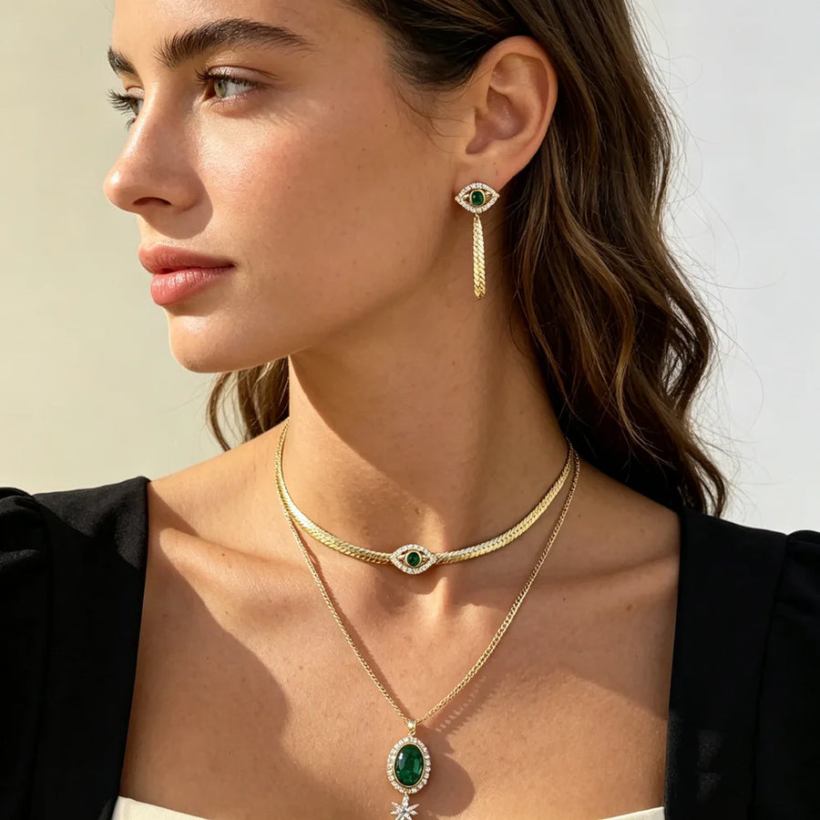 Collar de cadena con diseño de ojo turco y serpiente, recién lanzado, con cadena de clavícula de circonitas multicolores chapadas en oro para joyería de cuello femenina