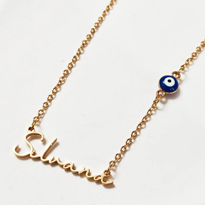 Collar personalizado con nombre de globo ocular azul, placa de identificación de acero inoxidable, regalo de Talismán malvado para mujer