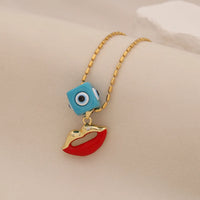 Collar Ojo de Demonio Retro con Labios y Chile, Elegante y Versátil, Cadena de Clavícula de Acero de Titanio