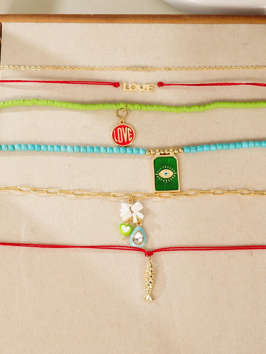 Collar de varias capas con cuentas decorativas de ojo de diablo bohemio, 6 piezas, adecuado para vacaciones, viajes y uso diario de mujeres.