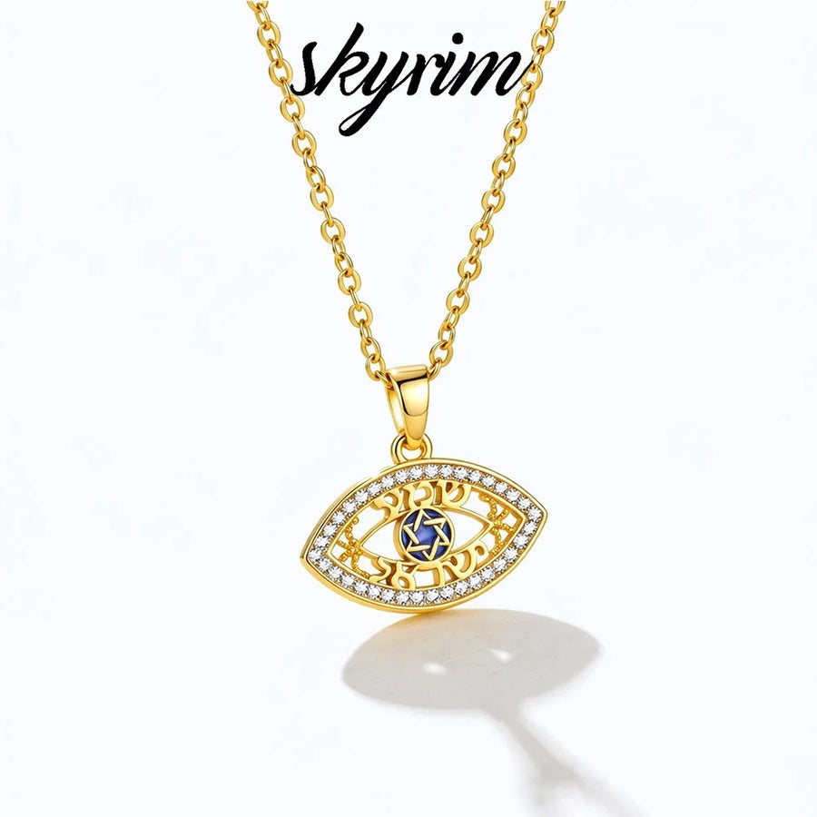 Collar con colgante de ojo turco de circonita transparente, diseño Skyrim, para mujer, de acero inoxidable, color dorado, con estrella de David, amuleto protector, joya, regalo.