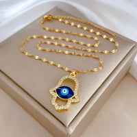 Collar de mujer con circonita cúbica, ojo de demonio turco azul, mano de Hamasa, mano de Fátima de acero inoxidable, joyería