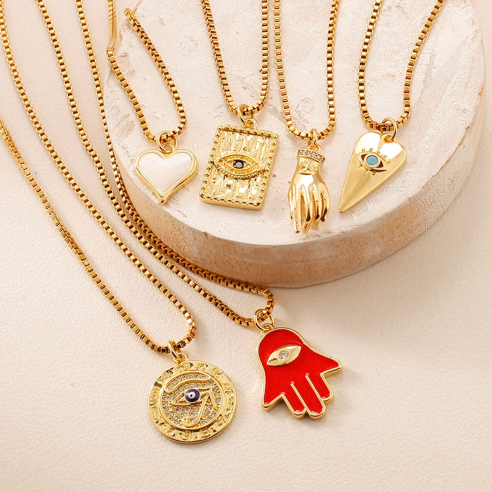 Collar bonito de corazones y ojos turcos para mujer, gargantilla de mano Hamasa, cadena larga de acero inoxidable, nuevo en joyería de moda