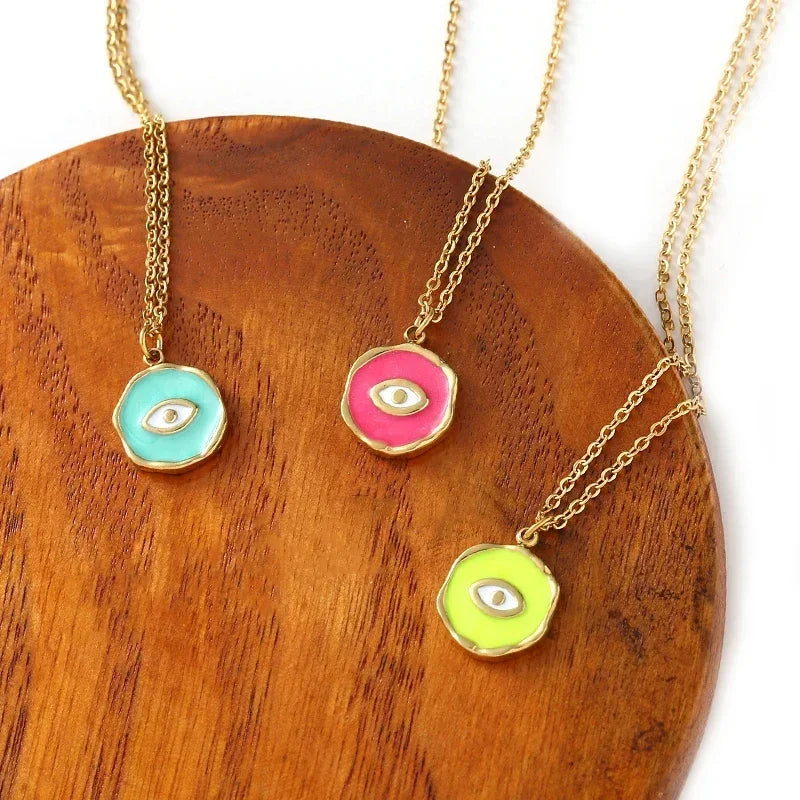 Collar con colgante de mal de ojo turco para mujer, cadena de acero inoxidable Bohemia, collar de esmalte colorido, collar de clavícula Vintage