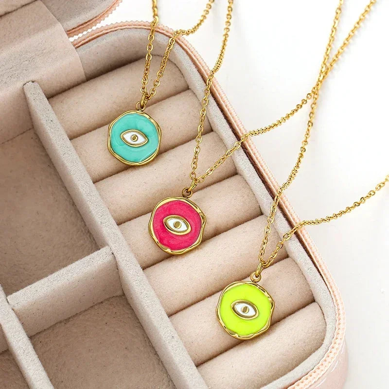 Collar con colgante de mal de ojo turco para mujer, cadena de acero inoxidable Bohemia, collar de esmalte colorido, collar de clavícula Vintage