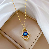 Collar de mujer con circonita cúbica, ojo de demonio turco azul, mano de Hamasa, mano de Fátima de acero inoxidable, joyería