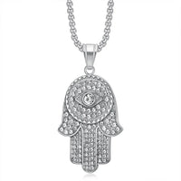 Collar con Colgante de Mano de Fátima Hamsa de Acero Inoxidable con Circonitas y Ojo Turco, Estilo Hip Hop Iced Out Bling, para Mujer y Hombre, Regalo de Joyería