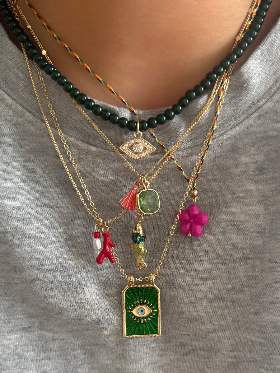 Collar bohemio apilado de 5 uds., tinta de ojo del diablo, cuentas verdes, borla, flor, diseño de múltiples dijes, regalo de joyería diaria para mujer
