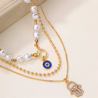 Collar con colgante de Palma de ojos malvados azules de la suerte turco con sentido del diseño para mujer, elegante collar de perlas de imitación, joyería multicapa