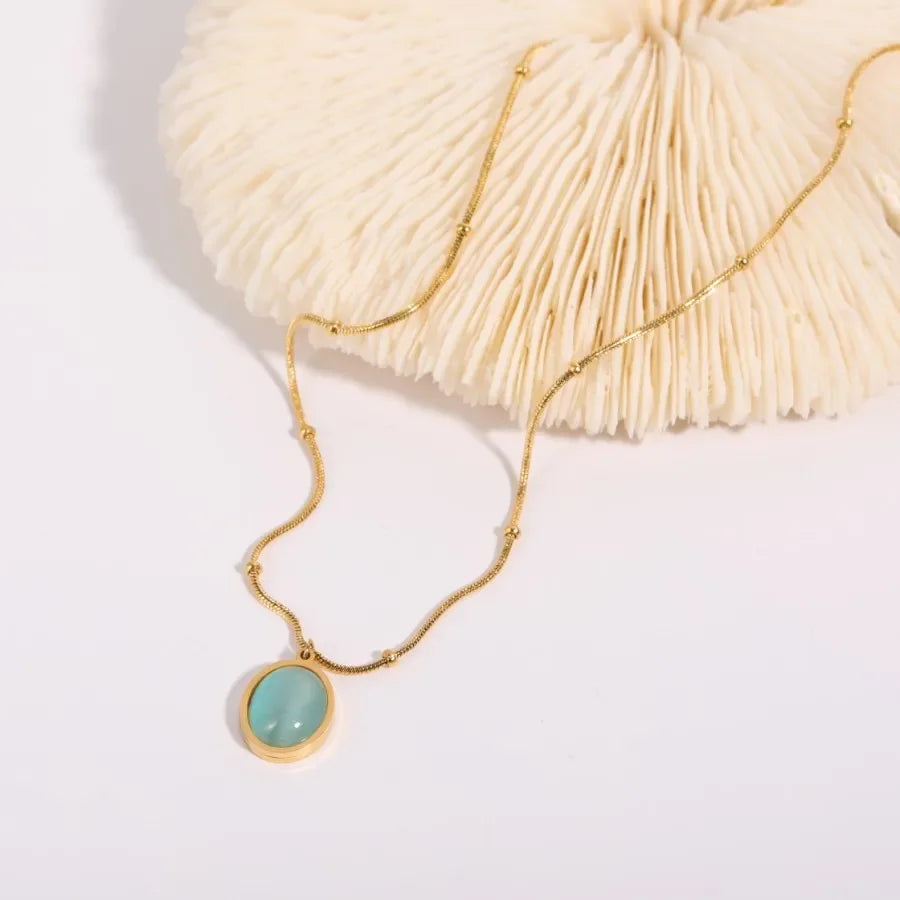 Collar con colgante de piedra verde para mujer, minimalista y de lujo, chapado en oro Natural, acero inoxidable, forma ovalada, ojo de gato