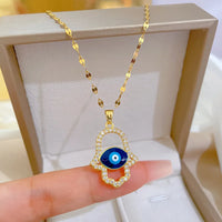 Collar de mujer con circonita cúbica, ojo de demonio turco azul, mano de Hamasa, mano de Fátima de acero inoxidable, joyería