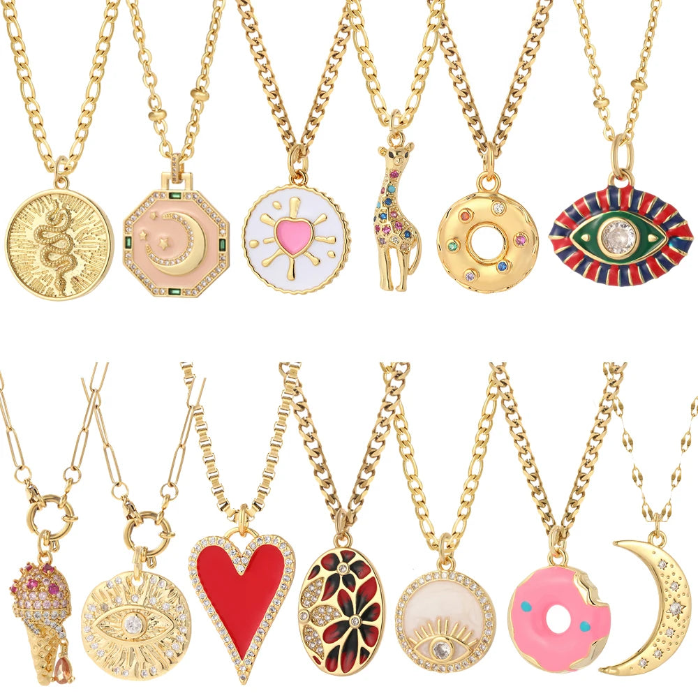 Collar de Donut con forma de corazón para mujer, collares de Luna bohemios, mal de ojo azul, Color dorado, cadena larga de acero inoxidable, gargantillas de serpiente nuevas