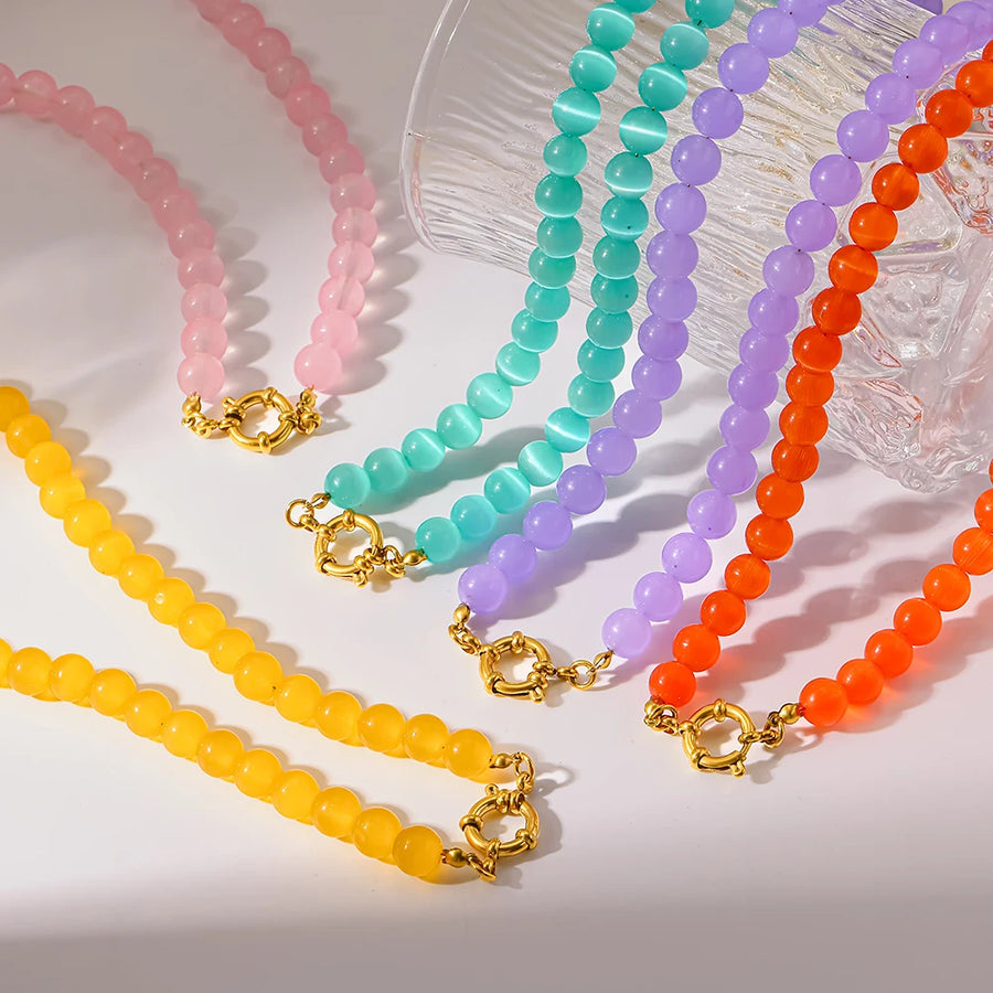 Collar de Cadena con Cuentas de Cristal Ojo de Gato Arcoíris, Chapado en Oro de 18K, Cadena de Acero Inoxidable, Joyería Colorida para Mujer, Regalo Único