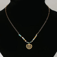Collar con colgante de ojos malvados de cruz de piedra Natural hecho a mano Bohemia para mujer, cuentas de arroz de acero inoxidable, collar de clavícula