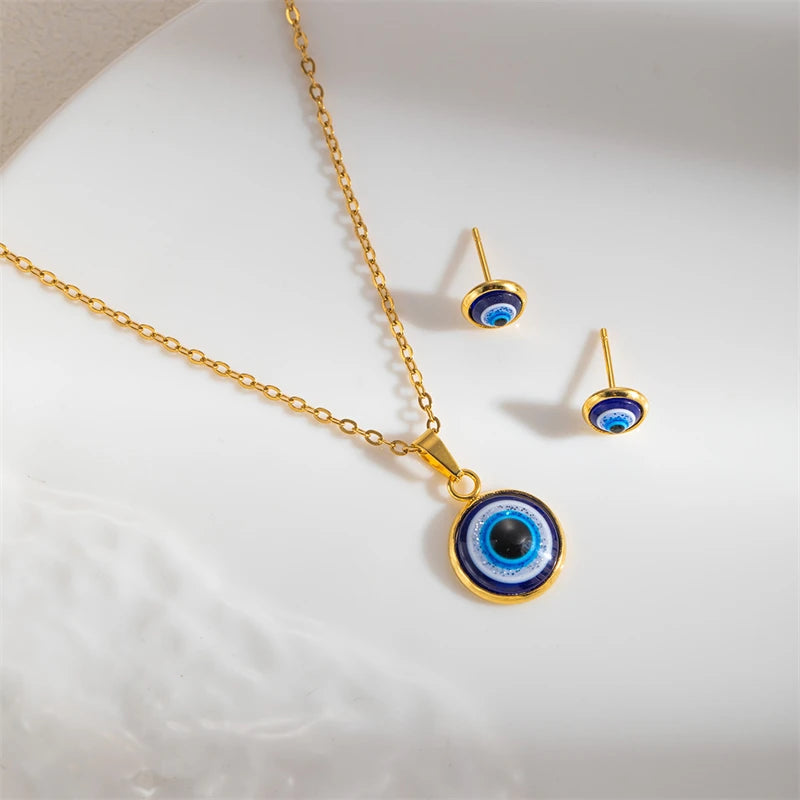 Conjunto de Collar y Pendientes de Acero Inoxidable con Ojo de Diablo, Estilo Bohemio para Mujer, Cadena para Clavícula con Ojo, Joyería de Moda, Regalo