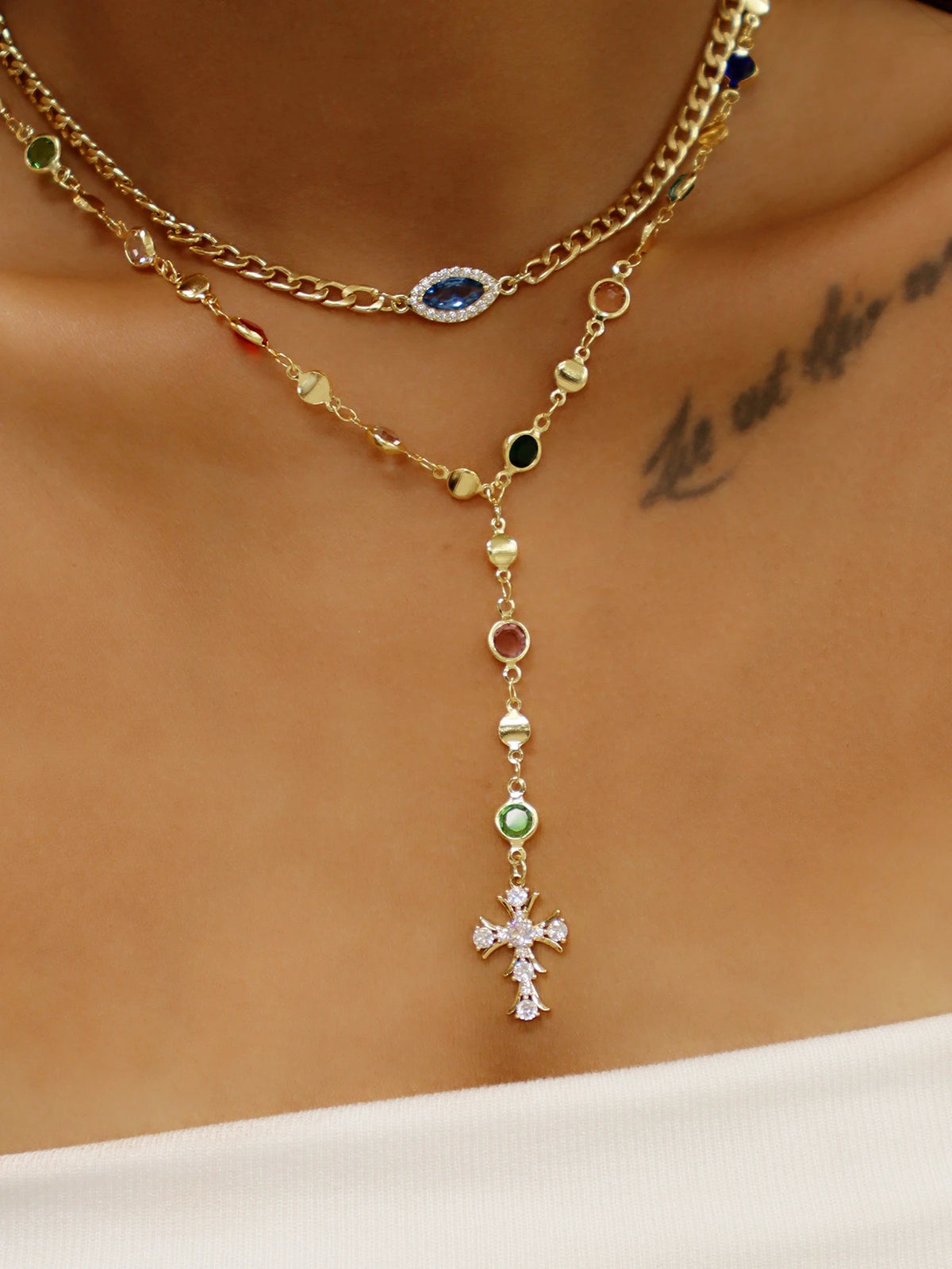 Collar de cruz y mal de ojo de circonita cúbica colorida en capas: cadena de gota en forma de Y, joyería llamativa en tono dorado para mujeres, banquetes