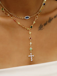 Collar de cruz y mal de ojo de circonita cúbica colorida en capas: cadena de gota en forma de Y, joyería llamativa en tono dorado para mujeres, banquetes