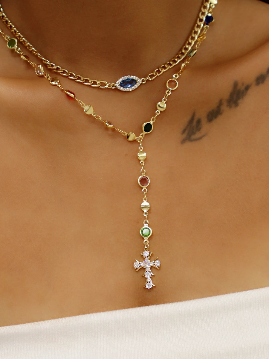 Collar de cruz y mal de ojo de circonita cúbica colorida en capas: cadena de gota en forma de Y, joyería llamativa en tono dorado para mujeres, banquetes
