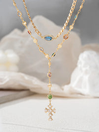 Collar de cruz y mal de ojo de circonita cúbica colorida en capas: cadena de gota en forma de Y, joyería llamativa en tono dorado para mujeres, banquetes
