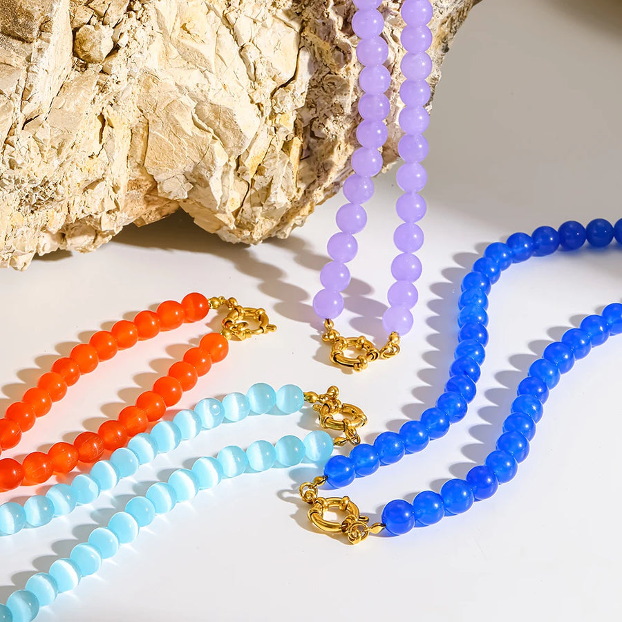 Collar de Cadena con Cuentas de Cristal Ojo de Gato Arcoíris, Chapado en Oro de 18K, Cadena de Acero Inoxidable, Joyería Colorida para Mujer, Regalo Único