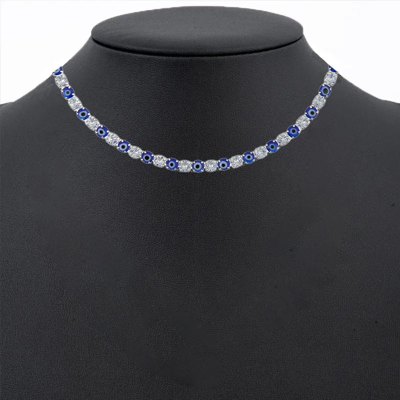 Nuevo Collar Gargantilla Estilo Tenis Europeo Americano con Incrustaciones de Circonitas, Ojo Turco y Ojo de Gato, Multicolor, para Mujer