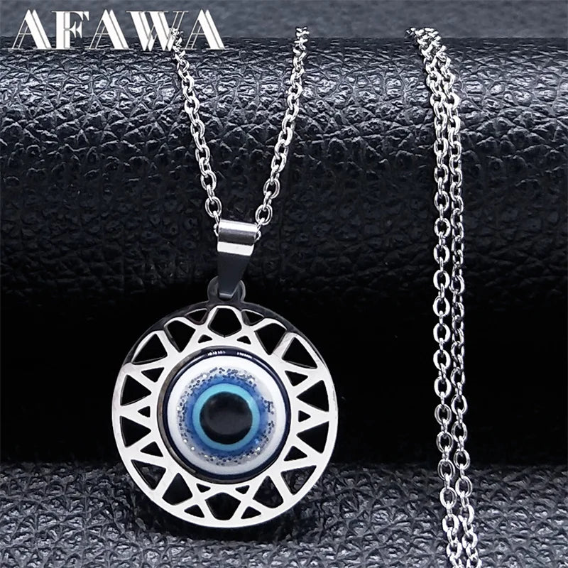 Collar con colgante de Ojo Azul turco, joyería de acero inoxidable, Color plateado, ojos azules de la suerte, regalo, collar N8023S01