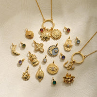 Collar vintage para mujer, chapado en oro de 18k, con amuleto de luna, estrella, sol, ojo turco, múltiples dijes, colgante de joyería DIY con piedra de nacimiento N