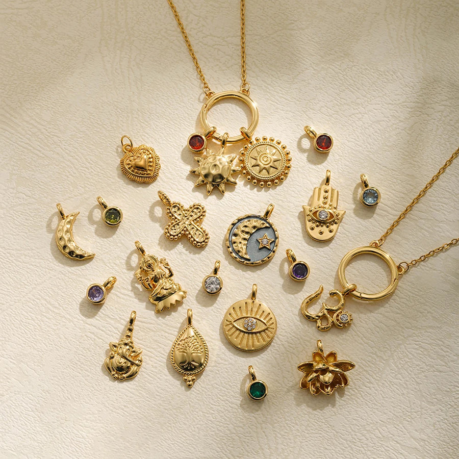 Collar vintage para mujer, chapado en oro de 18k, con amuleto de luna, estrella, sol, ojo turco, múltiples dijes, colgante de joyería DIY con piedra de nacimiento N