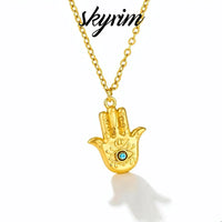Collar con colgante de la mano de Hamsa, de acero inoxidable con baño de oro de 18 quilates, para mujer, con circonita azul y amuleto de la mano de Fatima, inspirado en Skyrim.