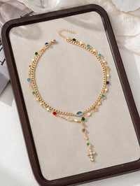 Collar de cruz y mal de ojo de circonita cúbica colorida en capas: cadena de gota en forma de Y, joyería llamativa en tono dorado para mujeres, banquetes