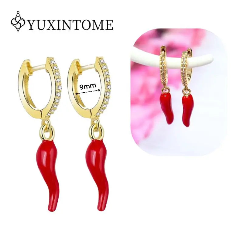 Pendientes de Oro con Circonita Roja Rosa para Mujer, Plata de Ley 925, Pendientes de Aro con Colgante Geométrico, Joyería de Moda para Boda